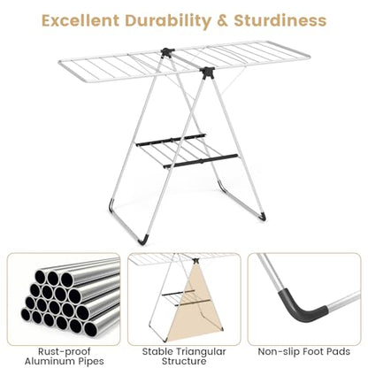 Tangkula Collapsible Clothes Drying Rack, 2-Level Folding Aluminum Drying Rack w/Height-Adjustable Wings, Bottom Shoe Rack, Space-Saving Laundry Drying Rack for Indoor & Outdoor Use, Silver