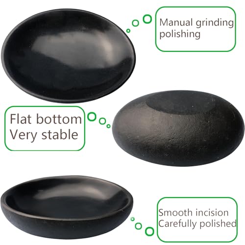 Natural River Stone Reptile Food Bowl - Handmade Pebble Dish for Reptiles, Amphibians, Hedgehogs, and Small Pets - Unique Size, Shape & Color - Water & Food Bowl (Black)