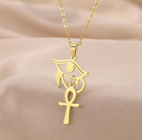 Ankh Cross Y Necklace Key of Life Eye of Horus Pendant Cartouche Long Chain Protection African Coptic Amulet Ancient Egyptian Religious Jewelry Gift for Women Men - color: Ankh Cross Eye of Horus gold 2