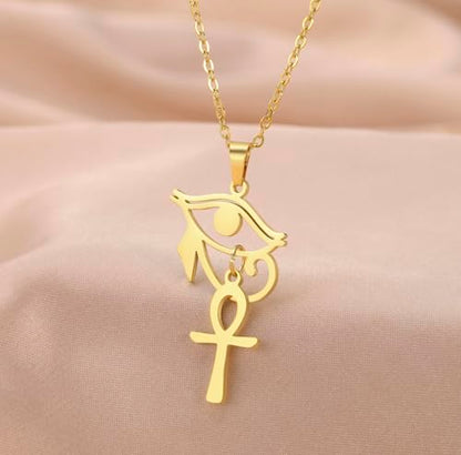 Ankh Cross Y Necklace Key of Life Eye of Horus Pendant Cartouche Long Chain Protection African Coptic Amulet Ancient Egyptian Religious Jewelry Gift for Women Men - color: Ankh Cross Eye of Horus gold 2