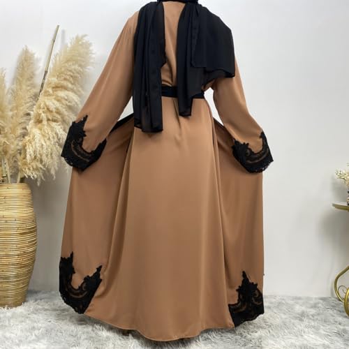 AFAVOM Women Turkey Abaya Islamic Muslim Prayer Dress Embroidered Cardigan Kaftan Dubai Robe Casual Turkish Modest Dress - color: Brown, size: XX-Large