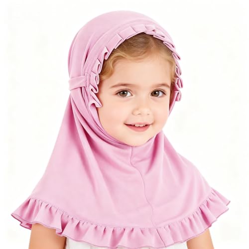 GREUS 2Pcs Kids Hijab for 2-6Y Girls Muslim Headscarf One Piece Hijabs Khimar Islam Arab Scarf Turban Bandana Hat Head Wrap - color: Set G (Grey + Pink)
