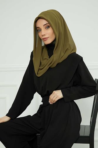 Aisha's Design Pre-tied Cotton-Chiffon Scarf for Women Practical Veil Instant Scarf Hijab Stylish Design - color: Khaki