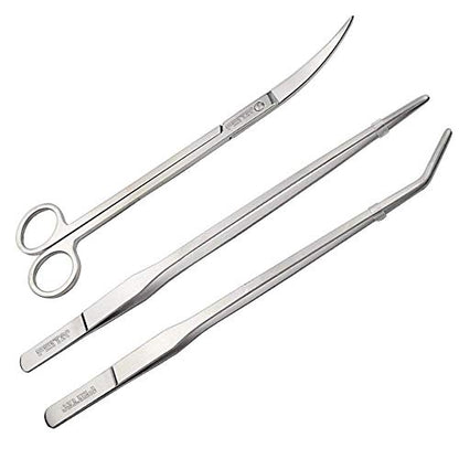 FEITA Aquarium Tweezer Set - Long Stainless Steel Curved & Straight Feeding Tweezers Scissors Maintenance Tools Kit (3 Pcs) - color: Sliver 3pcs