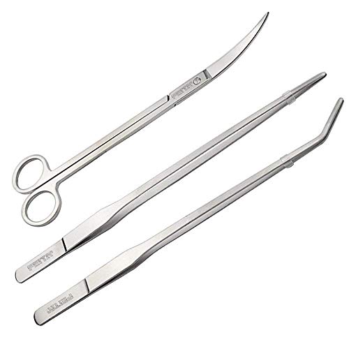 FEITA Aquarium Tweezer Set - Long Stainless Steel Curved & Straight Feeding Tweezers Scissors Maintenance Tools Kit (3 Pcs) - color: Sliver 3pcs