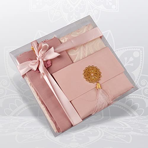 BABY SHOWER CHOCOLATE Prayer Rug Islamic Gift Set, Velvet Prayer Mat, Prayer Beads, Scarf and Yaseen Book, Perfect Family and Muslim Eid Gifts (Pink) - color: Pink
