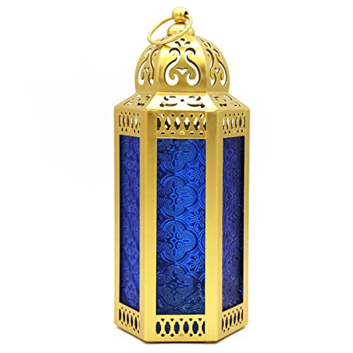 CVHOMEDECO. Decorative Candle Lantern Moroccan Lanterns Vintage Golden Metal Lantern Holder for Home Patio Outdoor Decor. Cobalt Glass, Medium - color: Cobalt G