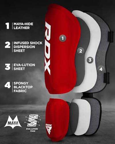 RDX Shin Guards Kickboxing Muay Thai, SATRA SMMAF Approved, Premium Maya Hide Leather, Leg Instep Protection Pads, MMA Martial Arts Kicking Sparring Training Gear, BJJ Karate Boxing Taekwondo, Black - color: Red, size: Large
