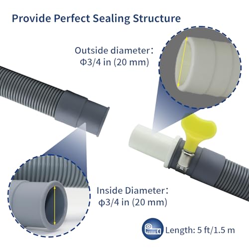 5 FT Washing Machine Drain Hose, Flexible Dishwasher Drain Hose Extension Kit, Universal Washer Drain Hose, Corrugated Washer Hose with 1 Adapter, 2 Hose Clamps, 1 U-Bend Hose Holder, Gray - size: 5 FT