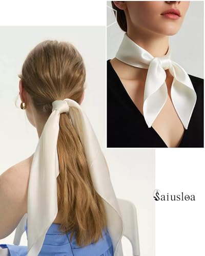 Saiusloa Solid Color Neck Scarf For Women Square Satin Head Scarves headband Bandanas 23.6× 23.6 inches - color: 2-white