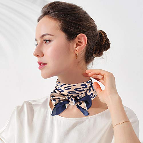 GERINLY Silk Hair Scarf Animal Print Leopard Neck Scarf Summer Neckerchief for Women Bag Purse Accessory - color: Khakinavy