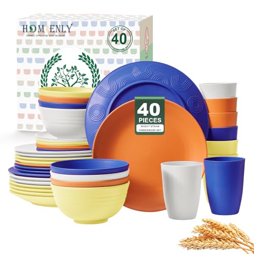 Homienly 40-Piece Wheat Straw Dinnerware Sets, Unbreakable Reusable Dinnerware Set, Service for 8, Kitchen Cups Plates and Bowls Set, Dishwasher Microwave Safe Dishes Set for Camping, Party - Mondrian - color: Mondrian Series, size: 40 PCS