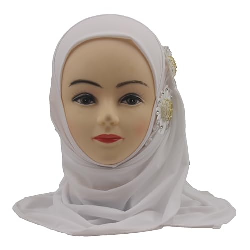 Soft Instant Hijab for Kids Girls Muslim Headscarf Islamic Scarf Shawl Wrap with Flowers - color: White-2 Flowers