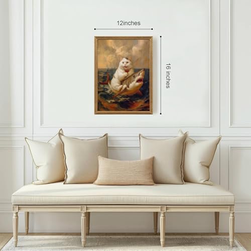 ICHZUMW Framed Funny White Cat Riding Shark Ocean Canvas Wall Art 12x16 In - color: White Shark Rider, size: 16"L x 12"W