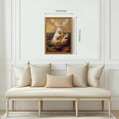 ICHZUMW Framed Funny White Cat Riding Shark Ocean Canvas Wall Art 12x16 In - color: White Shark Rider, size: 16"L x 12"W