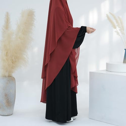 SYANKANGXIAO Ramadan Eid Khimar Abaya Turkey Islam Muslim Chiffon 2 Layers Long Hijab Dress Prayer for Women Full Cover Robe - color: Rust Red