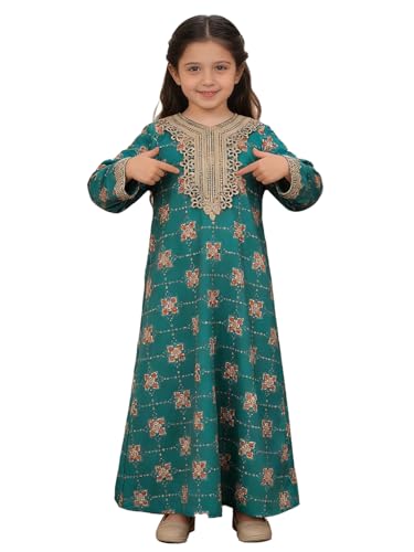 Girls Muslim Abaya Prayer Dress Islamic Modest Arabian Dresses Middle East Dubai Attire Kaftan - color: Turquoise, size: 4-5T