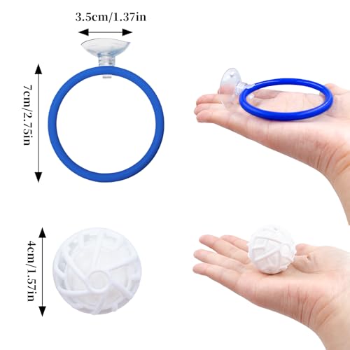 Betta Fish Tank Accessories, 2 Plastic Feeding Rings with Suction Cups and 2 Nitrifying Balls, Betta Enrichment Toys, Fish Tank Decor, Turtle Toys for Aquatic Turtles