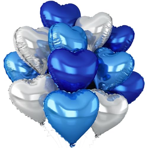 Blue Silver Heart Foil Balloons,12Pcs 18Inch Heart Shaped Balloons - color: Dark Blue Silver