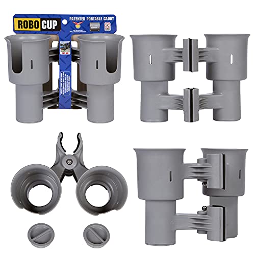 (Gray), Patented Clamp On Boat Cup Holder |Multifunction Dual Drink Caddy for Fishing Poles, Tools, Net, Gaff |Portable Storage for Boating, Beach, Umbrellas, Golf Carts, Strollers - color: Gray, size: Standard Spring