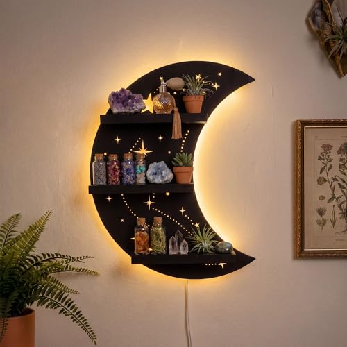 Crescent Moon Shelf with LED Light, Trinket Shelf & Whimsical Celestial Room Decor, Celestial Decor Crystal Holder Witchy Wall Decor for Living Room, Bedroom