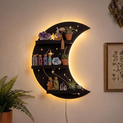Crescent Moon Shelf with LED Light, Trinket Shelf & Whimsical Celestial Room Decor, Celestial Decor Crystal Holder Witchy Wall Decor for Living Room, Bedroom