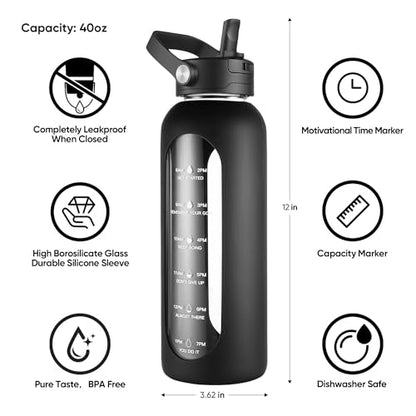 CIVAGO 40 oz Glass Water Bottle with Detachable Straw and Time Maker | Motivational Large Flask Cup with Handle, Leakproof Lids, Wide Mouth, Silicone Sleeve, Tumbler for Juice, Black - color: Black, size: 40 Ounces