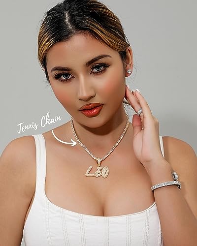 Lulu Mel Iced Out Personalized Cursive Name Necklace For Trendy Women, Custom Handmade Nameplate Pendant With Cuban Link Chain, White Gold Plated Hip Hop CZ Diamond Jewelry Gifts - color: Gold