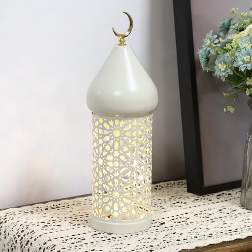 13in Ramadan Lantern Lights White Moroccan Lamp Decorative Festival Table Centerpiece Decor Outdoor Patio or Porch Indoor Home Decor Islamic Muslim Gift - color: White Moon