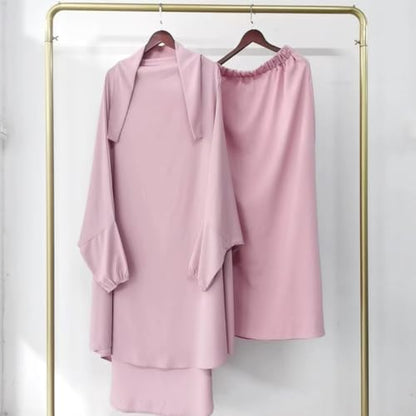 ODIZLI Two Pieces Jilbab and Dress for Muslim Women Long Khimar and Skirt Available for Prayer - color: Pink