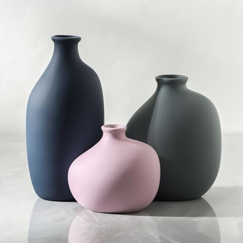 Small Ceramic Vase Set of 3, Modern Decorative Pottery Vases | Three different shapes with matte finishes, perfect for shelves, tabletops, dried flowers and stylish room accents. - color: 9099-2