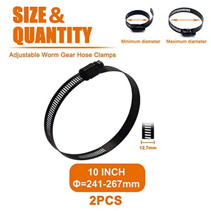 ISPINNER 2pcs 10 Inch Stainless Steel Adjustable 241-267mm Size Range Worm Gear Hose Clamp, Fuel Line Clamp for Plumbing, Automotive and Mechanical Application (Black) - size: 10 Inch