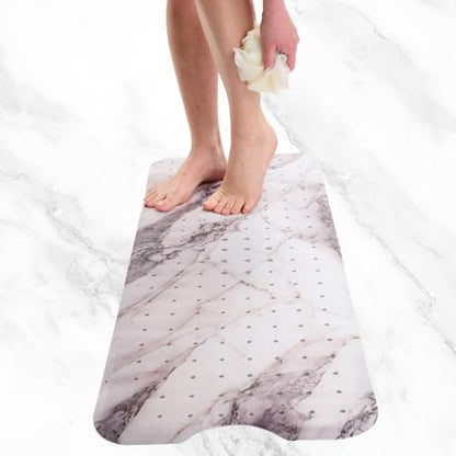 ENKOSI Non-Slip Bath & Shower Mat 40x16 Extra Long, Suction & Drain Holes | Elegant Grey Marble print; Durable PVC; 40x16 in, Grey Marble - color: Marble Gray