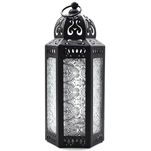 CVHOMEDECO. Decorative Candle Lantern Moroccan Lanterns Vintage Black Metal Lantern Holder for Home Patio Outdoor Decor. Clear Glass, Medium - color: Clear