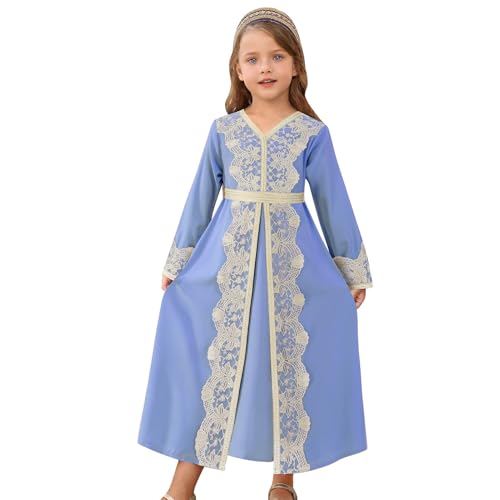 FYMNSI Kids Girls Muslim Abaya Dress Modest Lace Belted Prayer Dress Islamic Maxi Robe Kaftan Ramadan Arabian Dubai Clothes - color: Blue, size: 8-9 Years