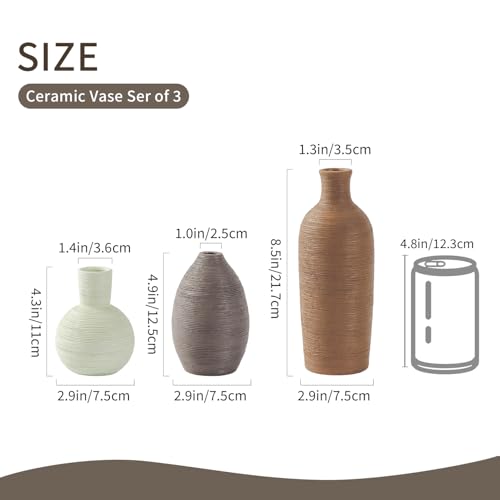 Ceramic Vases Set of 3 Modern Rustic Farmhouse Home Decor | Pottery Decorative Flower Vases for Pampas Grass Dried Fresh Flowers, Living Room, Table Centerpiece, Shelf, Mantel