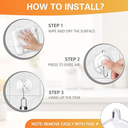 Suction Cup Hooks 12Pack - Max Load 10LB, 1.77Inch Clear Medium Suction Cups, No Trace, Reusable & Removable, Stainless Steel Hooks, for Tile, Glass, Window, Shower, Kitchen, Bathroom - size: 12pc-Medium Size
