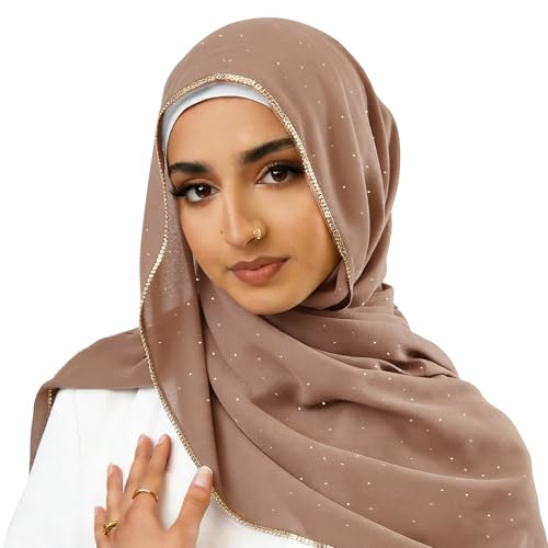 Hijab Scarf for Women Soft Chiffon Rhinestone Long Scarf Shawl Fashion Muslim Hijab Head Wrap Scarves - color: Khaki
