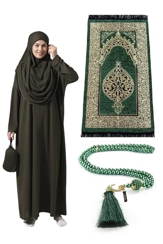 ihvan online Muslim Dresses for Women, One-Piece Prayer Dress & Prayer Rug & Beads, Islamic Gift Set for Eid Ramadan - color: Khaki, size: 3XL-6XL
