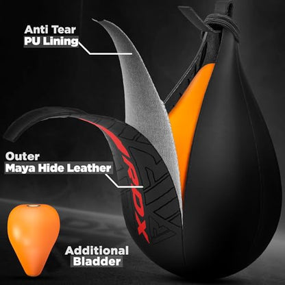 RDX Speed Bag Boxing Ball, Maya Hide Leather Dodge Striking Target with Additional Bladder, MMA Muay Thai Punching Workout Kicking Martial Arts Training Home Gym Exercise Speedball - color: BLACK RED, size: Speed Bag without Swivel