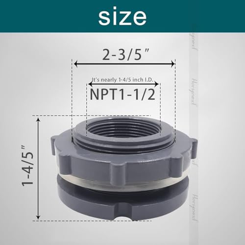 1-1/2" Bulkhead Fitting, PVC Pipe Connector, Female NPT, 1 Pcs | Seal gasket & plumber's tape included; mounts through a 2-1/2 in hole for rain barrels, aquariums, ponds, pools & irrigation - size: NPT1-1/2