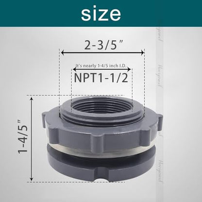 1-1/2" Bulkhead Fitting, PVC Pipe Connector, Female NPT, 1 Pcs | Seal gasket & plumber's tape included; mounts through a 2-1/2 in hole for rain barrels, aquariums, ponds, pools & irrigation - size: NPT1-1/2