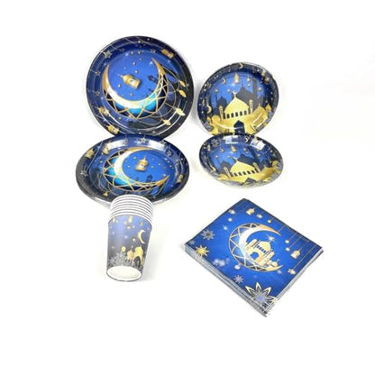 KYMY 44 pcs Ramadan Mubarak Dinnerware Set,Ramadan Muslim Paper Tableware, Islamic Party Supplies with Disposable Mubarak Plates, Napkins, Cups for Eid Mubarak, Haji Holiday Decorations