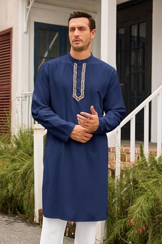 Runcati Mens Kaftan Thobe Button Down Casual Henley Shirts Long Sleeve Robe Cotton Linen Muslim Gown Shirt - color: Navy, size: Medium