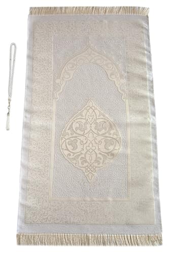 ihvan online Muslim Prayer Rug and Prayer Beads with Elegant Design Cylinder Gift Box, Janamaz, Soft Sajadah, Islamic Gifts Set, Portable Prayers Carpet Mat, Taffeta Fabric, White / Mod2 - color: White/Mod2
