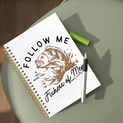 WUCHJ Yellow Retro Fish Christian Notebook,Boys Religious Notebook, Matthew 4:19 Bible Verse Journal, Yellow Religious Scripture Spiral Notebook Journal for Note Taking, Christian Faith Based Gifts for Women Men, 5.5x8.3 Inch - color: follow me white back