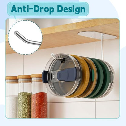 8 Pack Tumbler Lid Organizer, Under Cabinet Cup Lid Storage for Tumbler Lids, Space Saving Drilling Hook Rack for Kitchen Organizers and Storage Silver