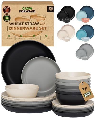 Grow Forward 24-piece Premium Wheat Straw Dinnerware Sets for 8 - Unbreakable Dishwasher & Microwave Safe Plastic Plates and Bowls Sets - Patio, Outdoors, RV, Camping Dishes - Moonlight - color: Moonlight