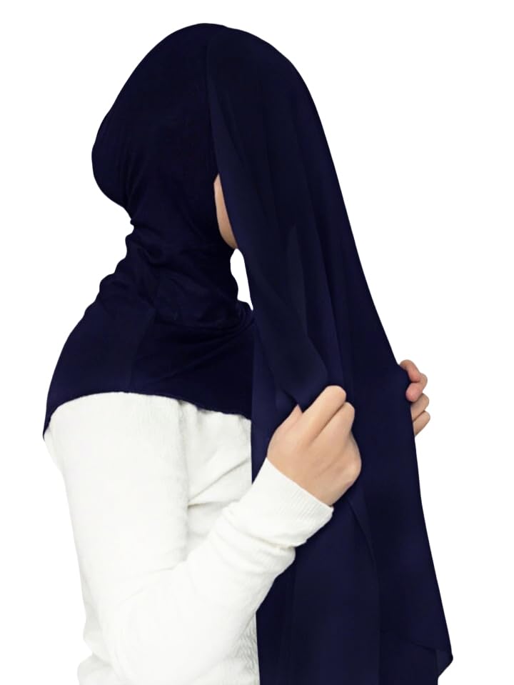 Lina & Lily Flowy Chiffon Instant Hijab Scarf Attached Jersey Ninja Undercap Full Coverage for Muslim Women - color: Navy Blue