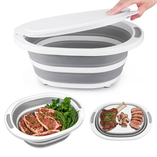 Collapsible Wash Basin, 7.5L Dish Tub Sink Basin Folding Dish Pans for Kitchen Sink, 2-in-1 Dishpan + Cutting Board, Portable Sink Dish Basin for Camping BBQ Prep Tub Washing Bin Bucket with Lid - style: With Lid